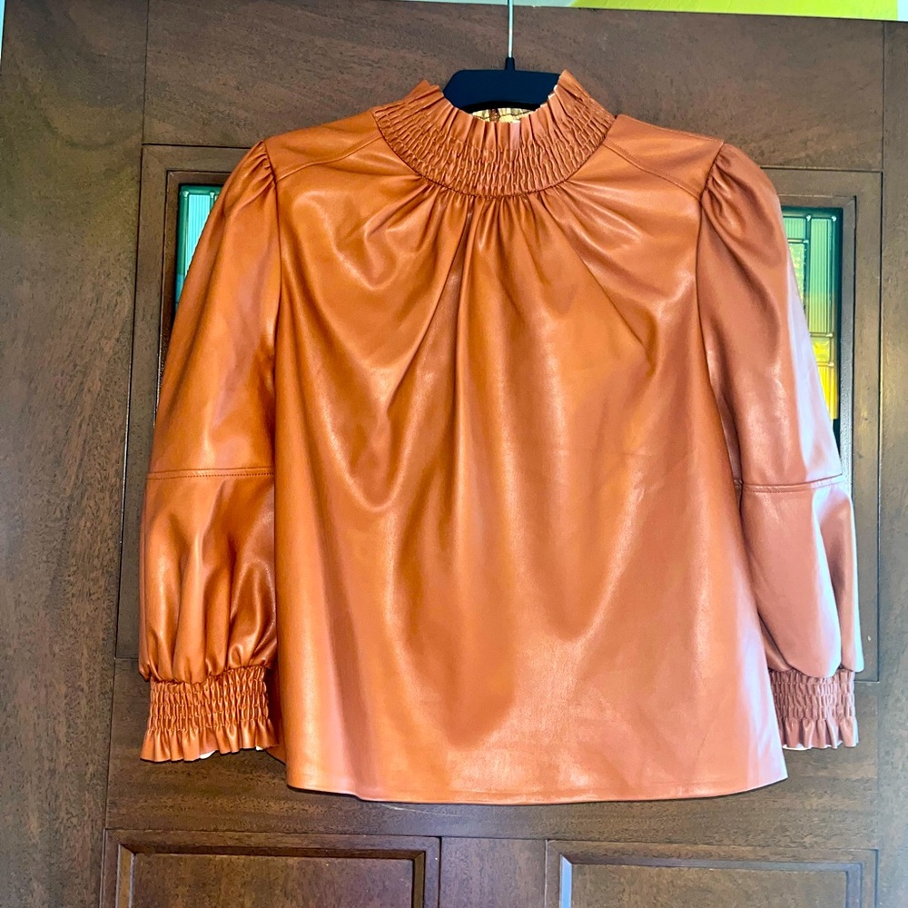 INC International Concept Women’s Faux Leather Smocked Neck Top